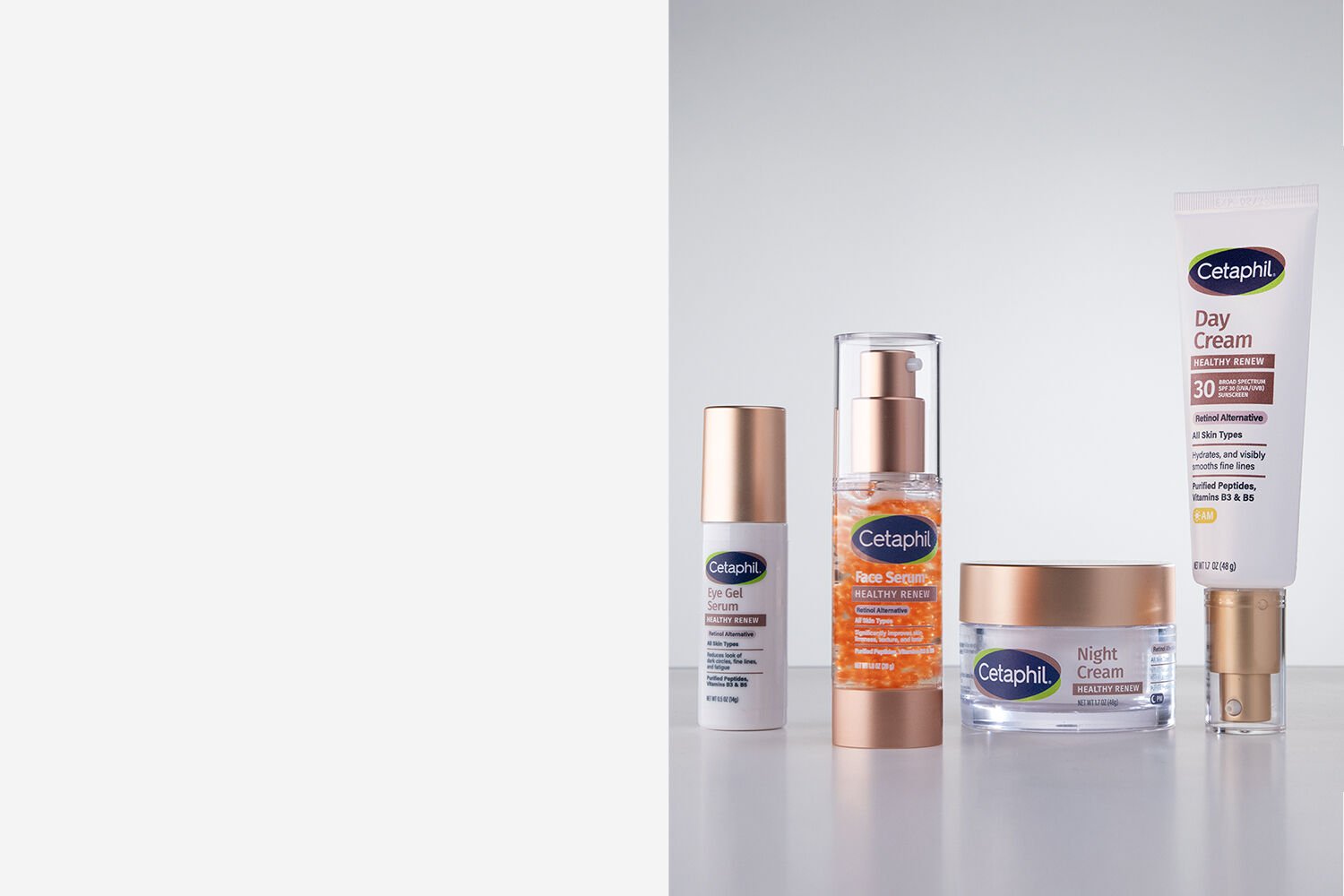 Healthy Renew range of skin care products by Cetaphil, sitting atop a white marble countertop.
