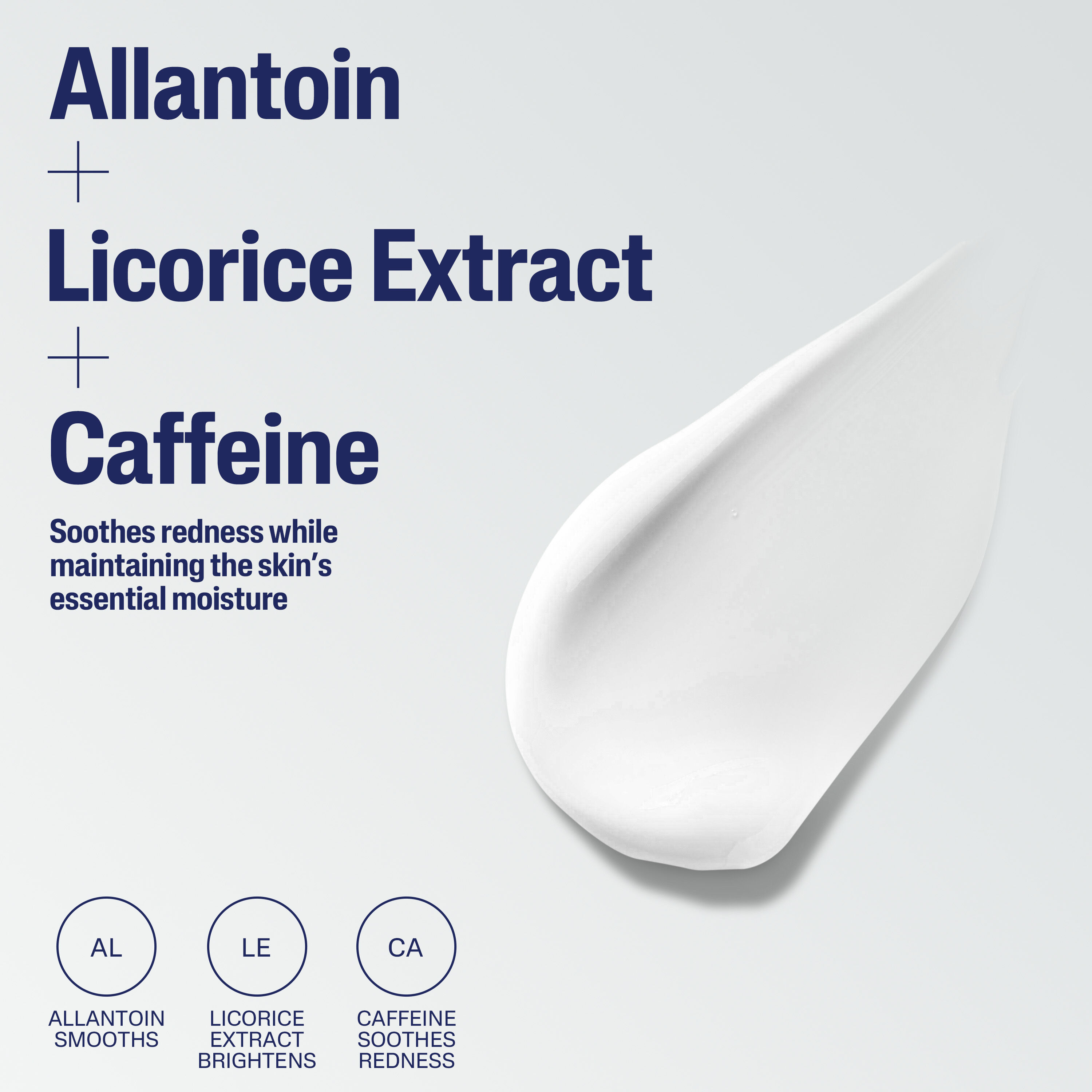 Ingredients swatch with allantoin, licorice extract, and caffeine