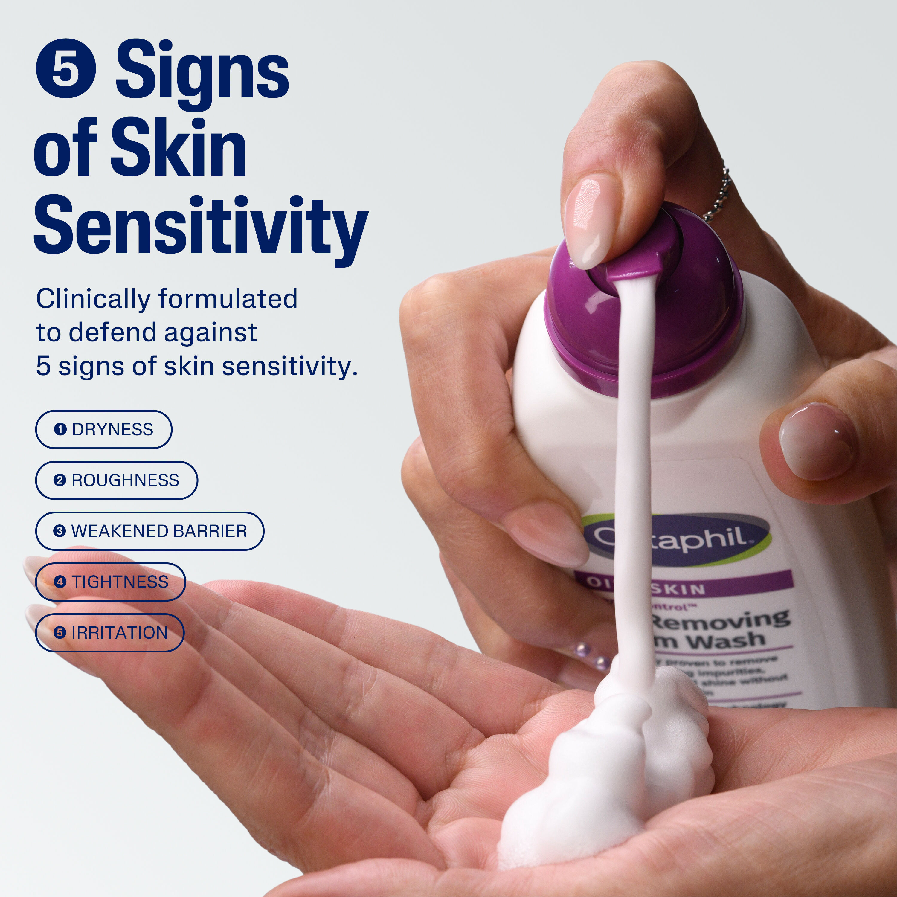 5 signs of skin sensitivity overlaid on image of someone pumping product into hand